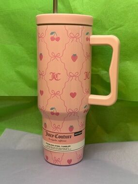 Juicy Couture Pink Strawberry & Cherry Pattern Travel Tumbler with Handle 40oz